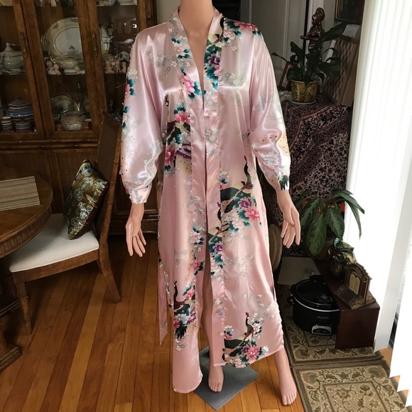 SOLD! Women's Kimono Robe Pink Floral Peacock & Floral Motif Satin Pockets Large - Picture 3 of 9